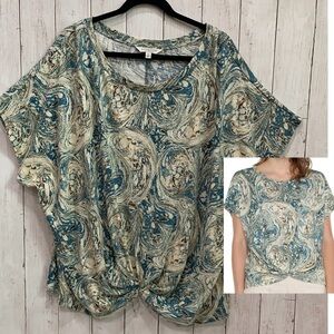 NWT Liverpool Los Angeles Women's 3X Boho Top Ocean Blue Knot Front Short Sleeve